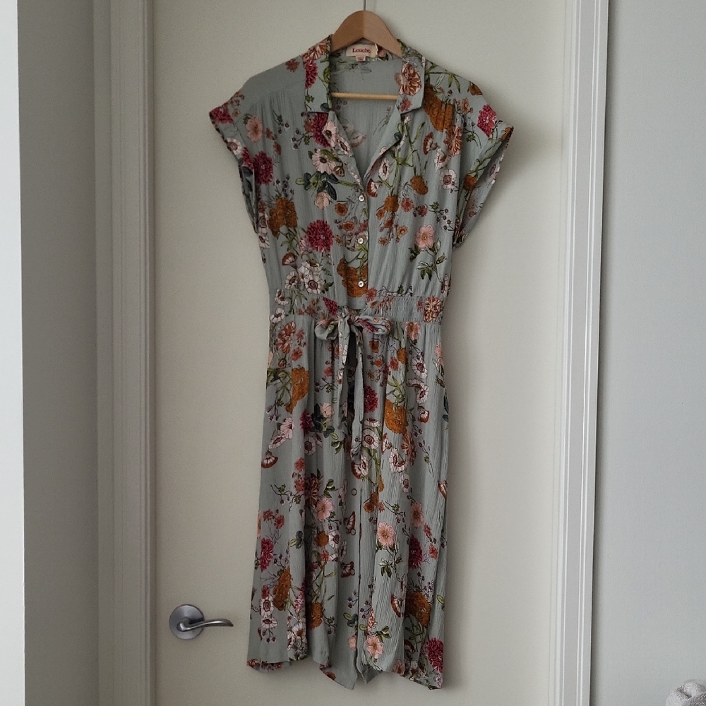 Sage Floral Button-Front Midi Dress with Tie Waist